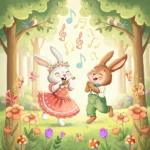 Whimsical children's book illustration of a young girl exploring a magical forest with a friendly fox, surrounded by colorful flowers, trees, and glowing fireflies.