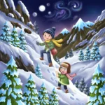 Whimsical children's book illustration of two children hiking through a snowy mountain landscape at night, surrounded by snow-covered pine trees, glowing stars, and a full moon.