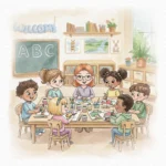 Watercolor illustration of diverse children painting and drawing together at a classroom table, surrounded by books, art supplies, plants, and a chalkboard.