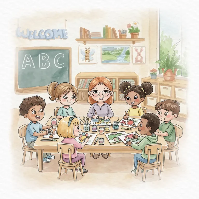 Watercolor illustration of diverse children painting and drawing together at a classroom table, surrounded by books, art supplies, plants, and a chalkboard.