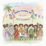 Watercolor illustration of diverse children wearing traditional clothing from different cultures at a school cultural day celebration, with colorful banners, balloons, flowers, palm trees, and a sunny sky.