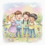 Watercolor illustration of four happy children standing together in a sunny garden, surrounded by flowers, trees, butterflies, and soft clouds.