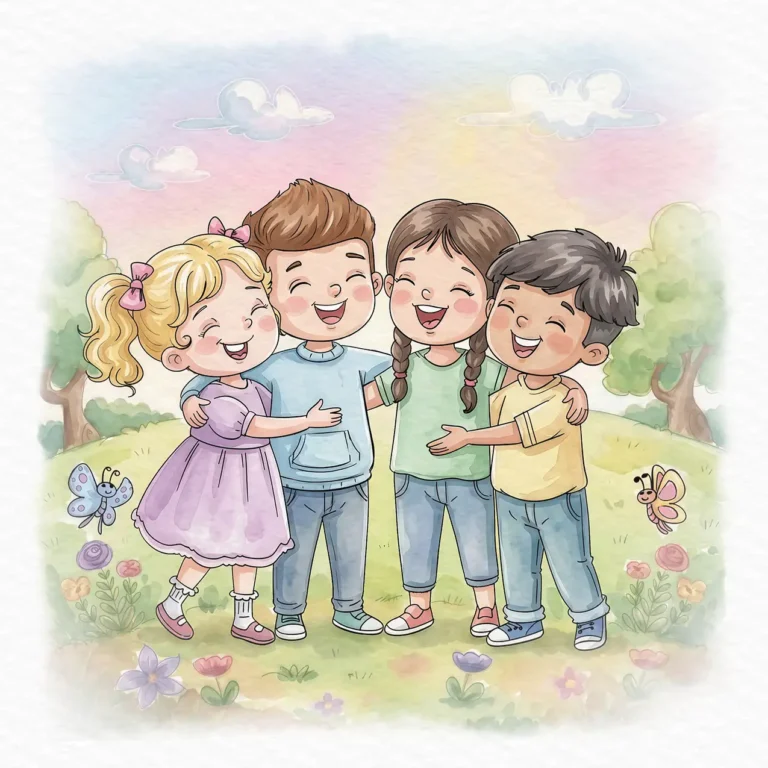 Watercolor illustration of four happy children standing together in a sunny garden, surrounded by flowers, trees, butterflies, and soft clouds.