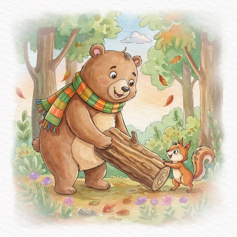 Watercolor illustration of a friendly bear wearing a colorful scarf carrying a large log with a squirrel in an autumn forest.