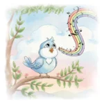 Watercolor illustration of a cheerful blue bird perched on a tree branch beneath a rainbow made of musical notes, surrounded by soft clouds and leafy branches.