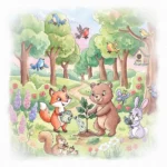 Watercolor illustration of a fox, bear, rabbit, and squirrel planting and watering a young tree in a colorful forest, surrounded by flowers, butterflies, and birds.