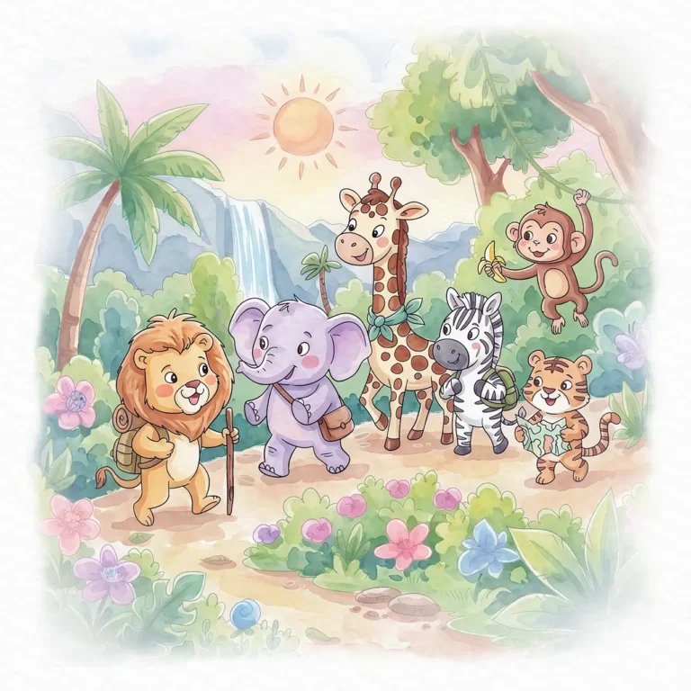 Watercolor illustration of a lion, elephant, giraffe, zebra, tiger, and monkey exploring a tropical forest with a waterfall and colorful flowers.