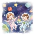 Watercolor illustration of two children in astronaut suits floating in space among colorful planets and stars, with one child holding a glowing star.