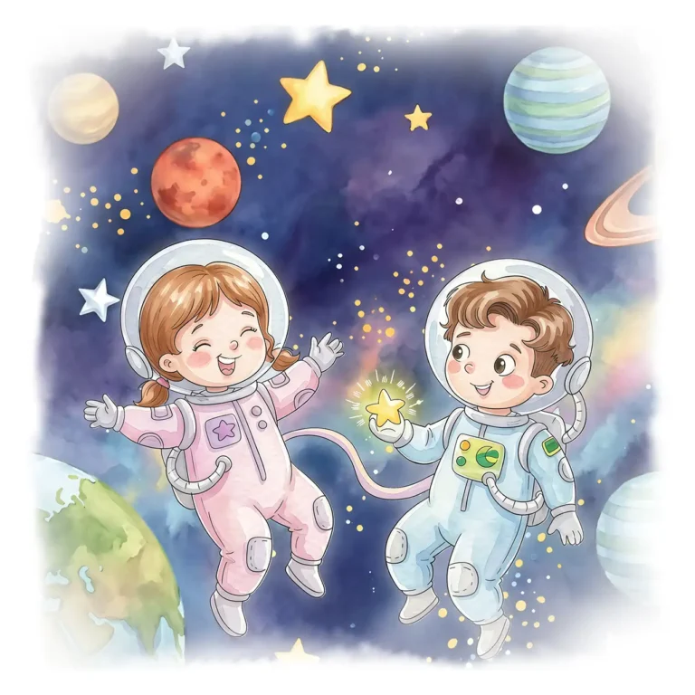 Watercolor illustration of two children in astronaut suits floating in space among colorful planets and stars, with one child holding a glowing star.