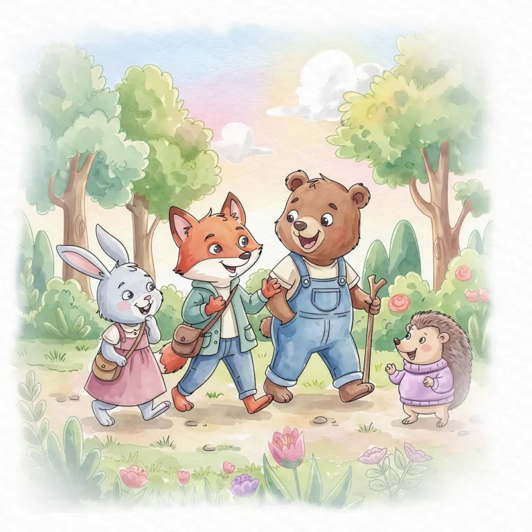 Watercolor illustration of a rabbit, fox, bear, and hedgehog walking together through a colorful forest.