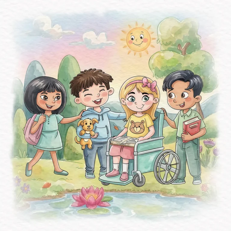 Watercolor illustration of four diverse children enjoying time together outdoors, including a girl using a wheelchair and holding an open book, surrounded by trees, flowers, and a pond.