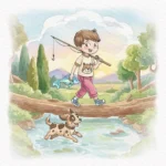 Watercolor illustration of a young boy carrying a fishing rod and fish while walking across a log bridge, with a playful dog running through a stream below.
