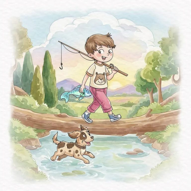 Watercolor illustration of a young boy carrying a fishing rod and fish while walking across a log bridge, with a playful dog running through a stream below.