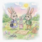 Watercolor illustration of a rabbit family exploring a grassy meadow with a treasure map, binoculars, backpack, and colorful decorated eggs.