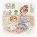 Watercolor illustration of a mother and young child cleaning together in a cozy kitchen, surrounded by plants, shelves, and cleaning supplies.