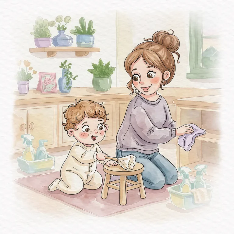 Watercolor illustration of a mother and young child cleaning together in a cozy kitchen, surrounded by plants, shelves, and cleaning supplies.