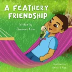 Children's book cover for 'A Feathery Friendship' by Shameer Khan, illustrated by Amina S Fiaz. A smiling boy relaxes in a bright pink hammock with a small green parrot perched on his chest against a sparkling, lush green background.