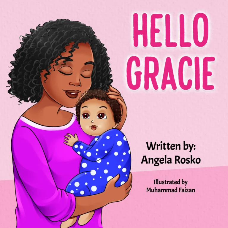 Children's book cover titled "HELLO GRACIE" in large, bright pink letters against a soft pink background. The illustration features a smiling Black woman with dark curly hair and a vibrant purple shirt, gently holding and looking down at a baby. The baby has big brown eyes, short curly hair, and wears a blue onesie with white polka dots. Text on the middle and bottom right reads "Written by: Angela Rosko" and "Illustrated by Muhammad Faizan"